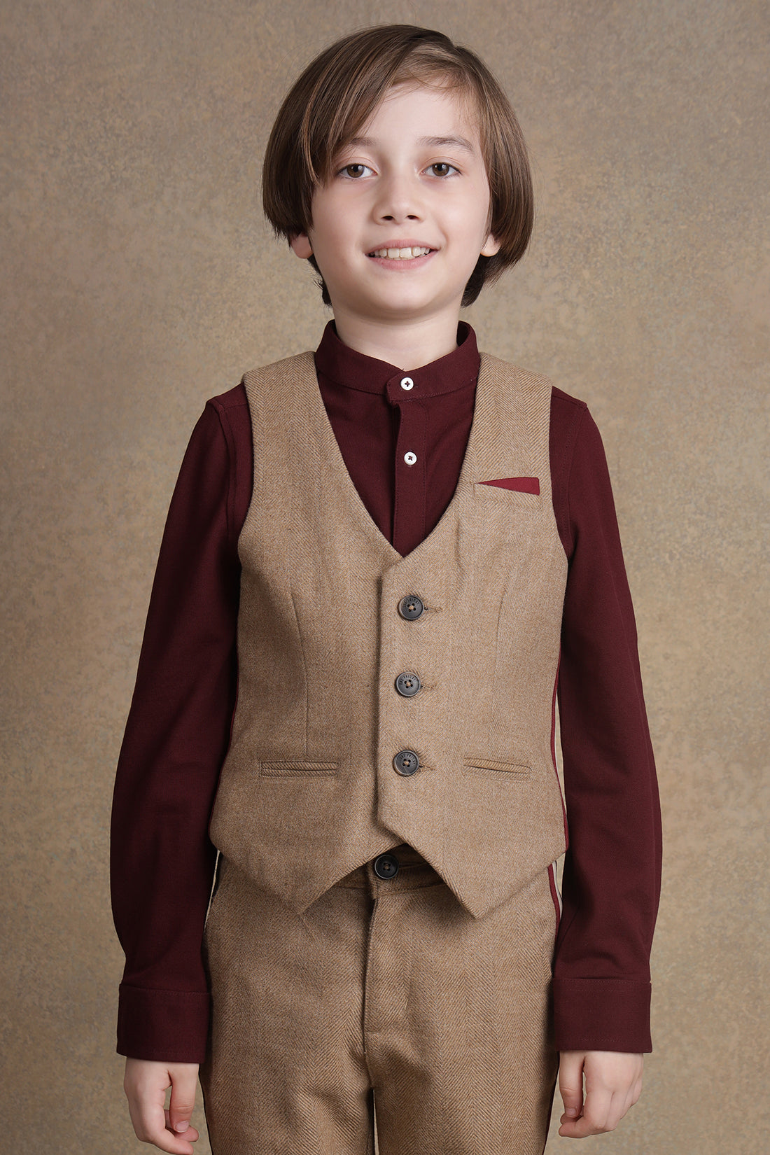 One Friday Kids Boys Beige Solid Waist Coat