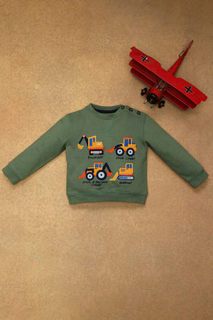 One Friday Baby Boys Olive Green Vehicle Printed Sweat Shirt