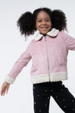 One Friday Kids Girls Shirt Collar Pink Jacket With Faux Fur Detail