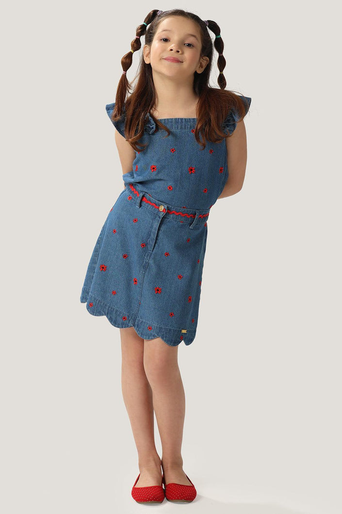 One Friday Kids Girls Indigo Blue Embroidered Denim Skirt With Front Button Opening - One Friday World