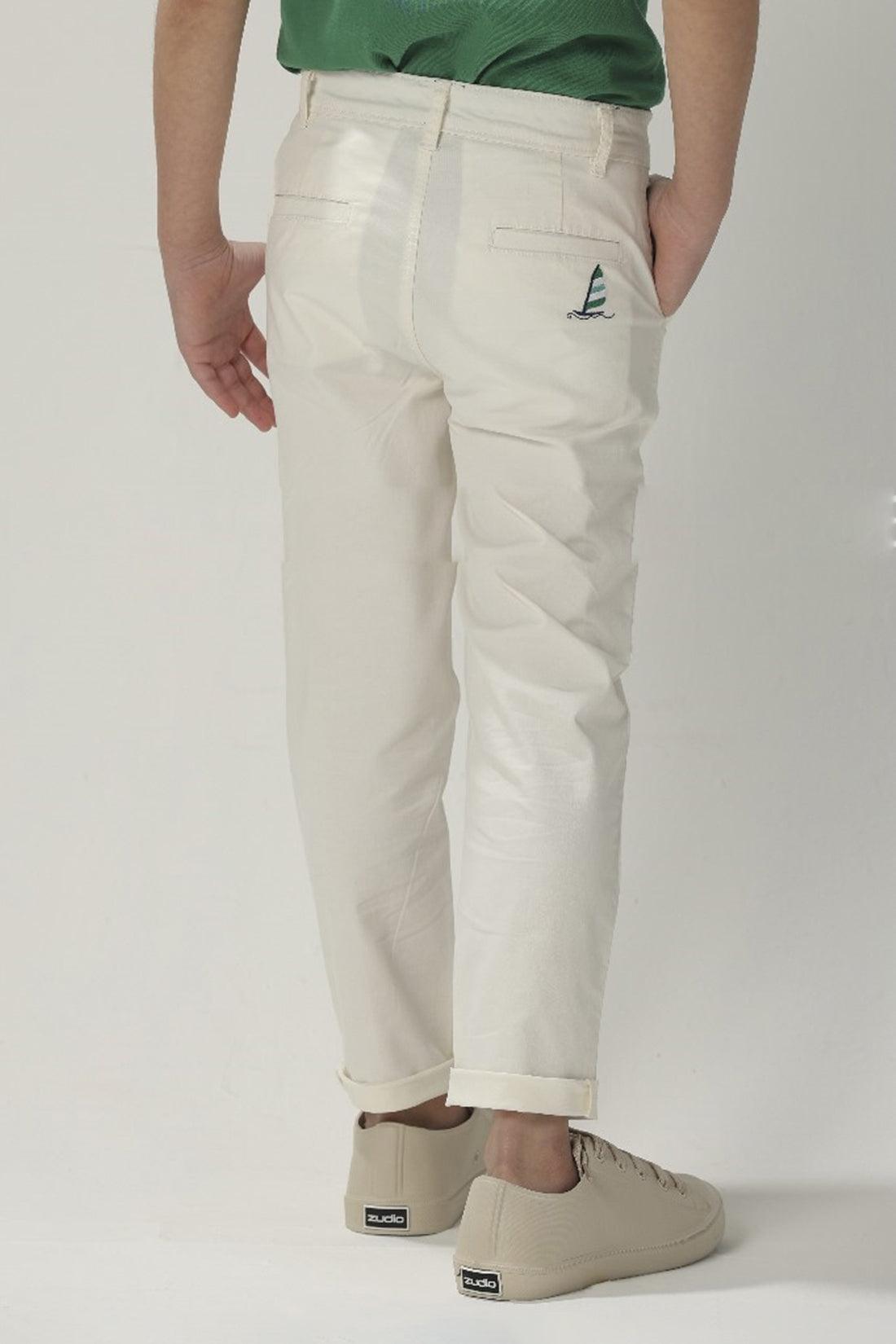 One Friday Kids Boys Off White Stretchable Cotton Solid Trouser With Pockets - One Friday World