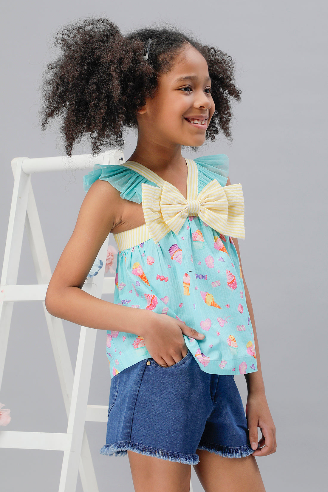 One Friday Kids Girls Aqua Cupcake Printed Bow Top