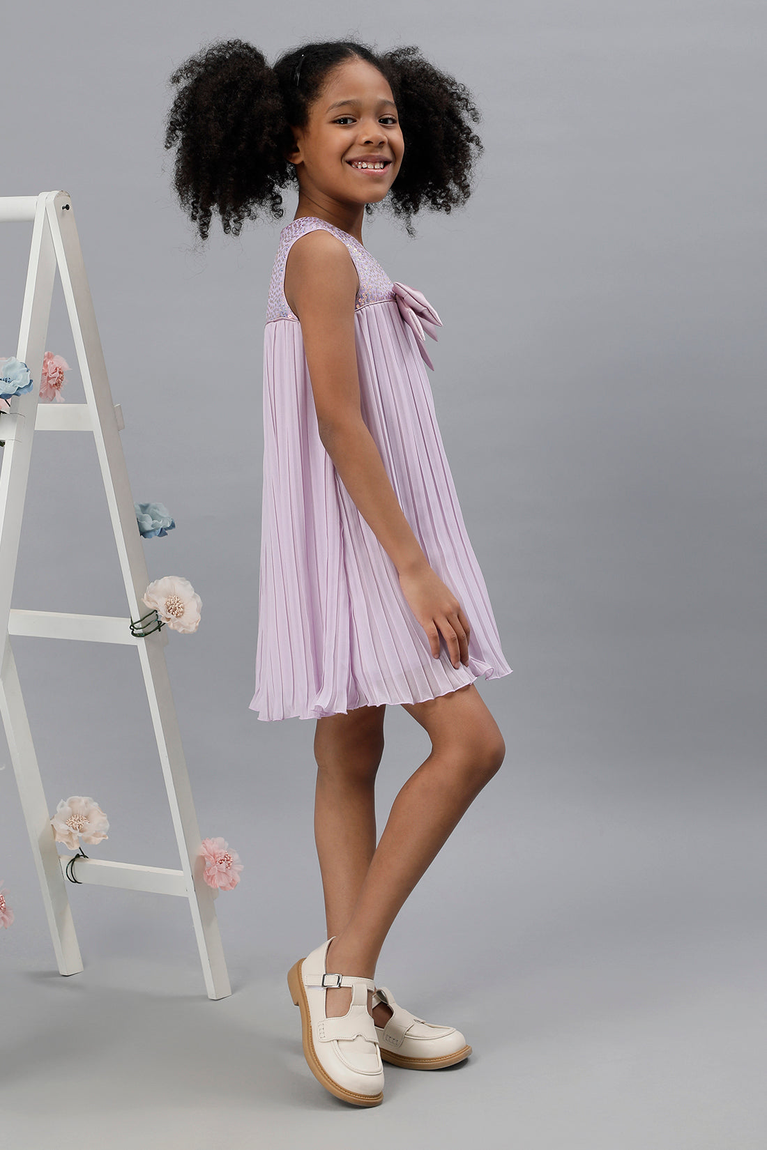 One Friday Kids Girls Lilac Bow & Sequined  Pleated Party Dress