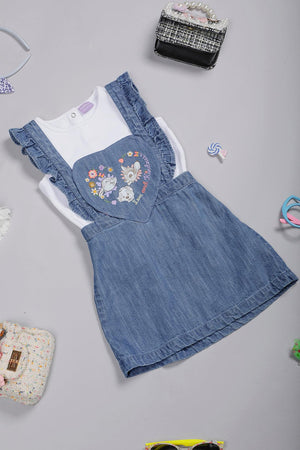 One Friday Baby Girls Blue Embroidered Dungaree With T-Shirt - One Friday World
