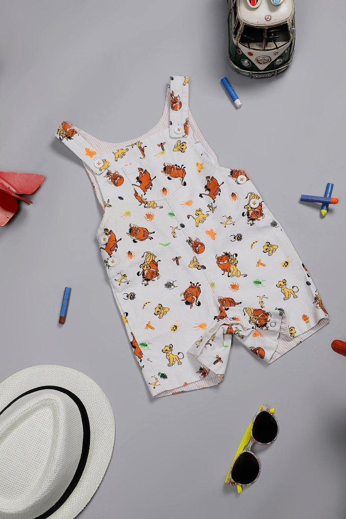 One Friday Baby Boys Off White Cotton Timon and Pumba Printed Dungaree - One Friday World