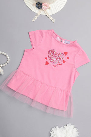 One Friday Girls Pink Sequinned Heart Cotton Top - One Friday World