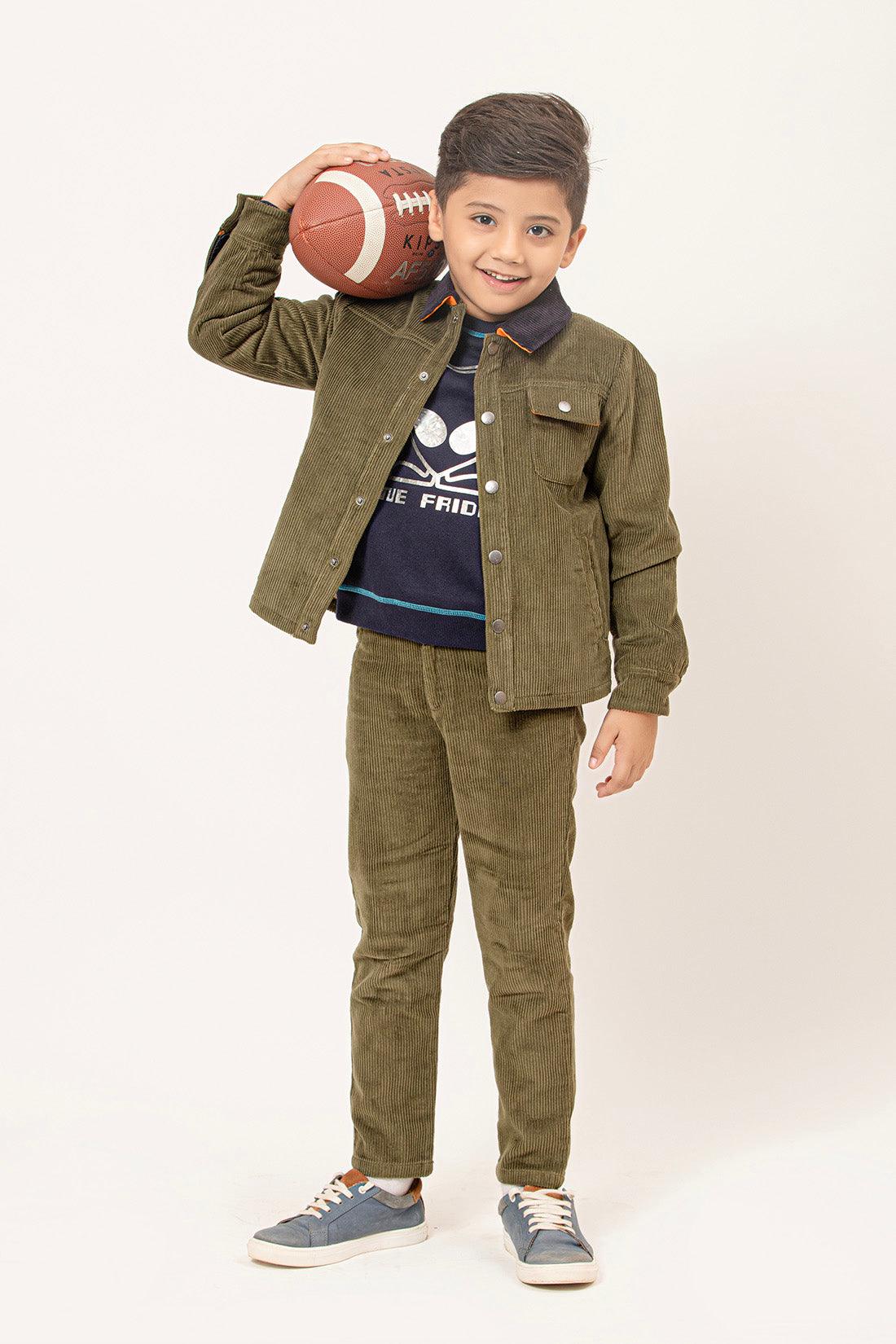 One Friday Varsity Chic Corduroy Green Trousers for Boys - One Friday World