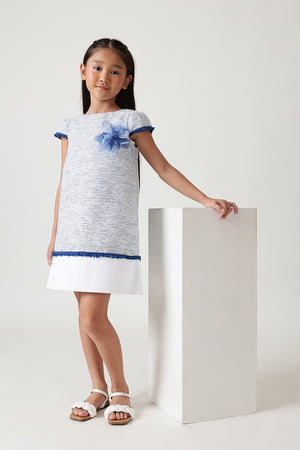 Girls Blue A-Line Cap Sleeve Textured Dress by One Friday