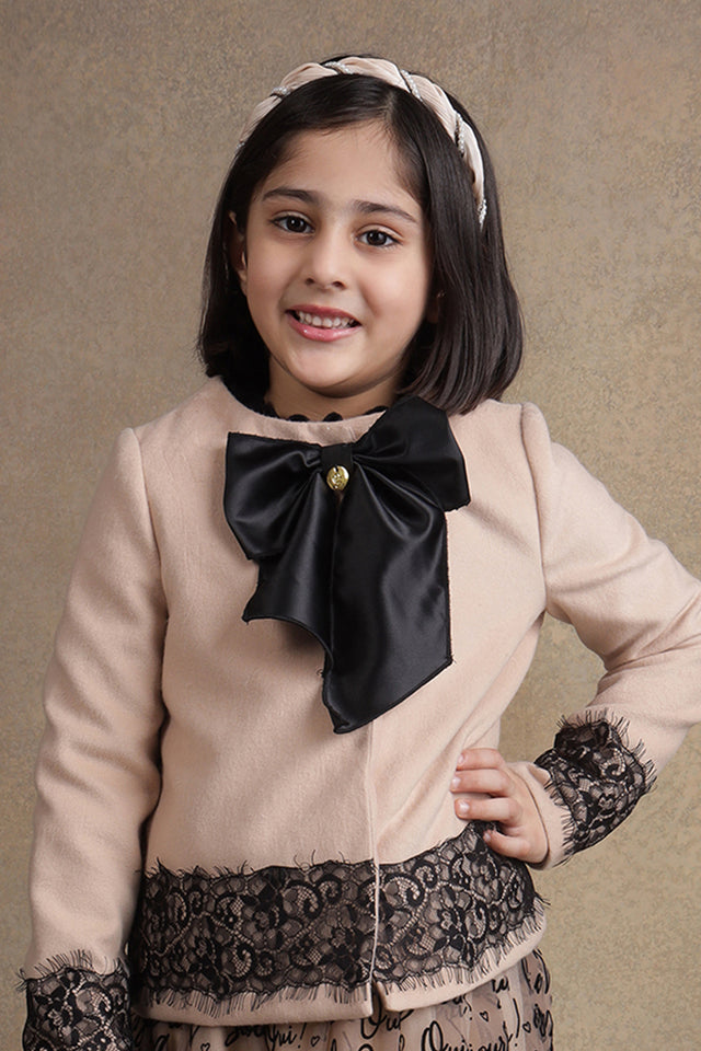 One Friday Kids Girls Beige Big Bow Blazer