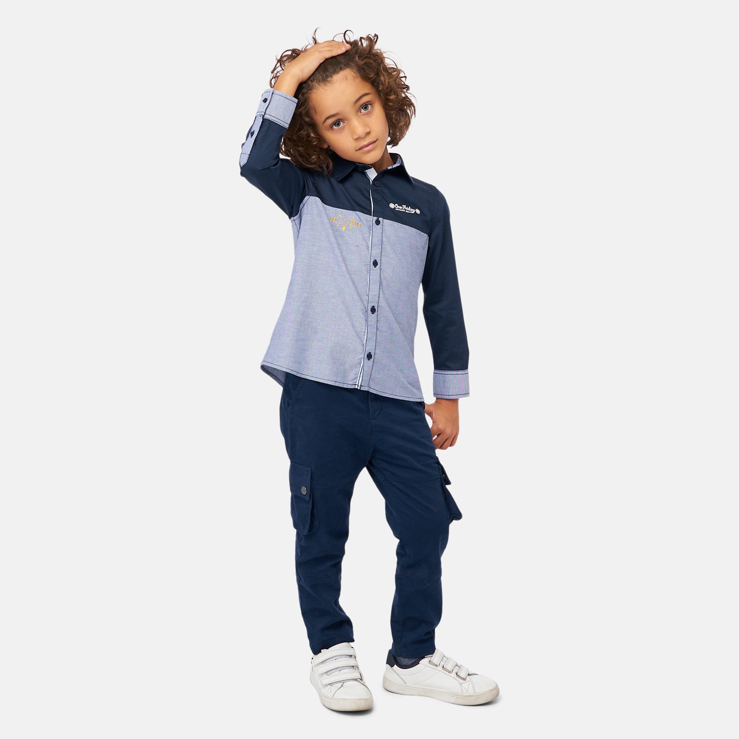 One Friday Kids Boys Navy Blue Embroidered Shirt