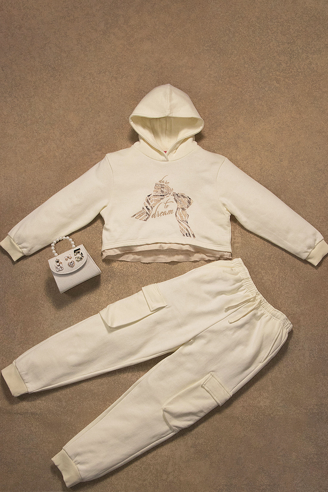 One Friday Kids Girls Off White Solid  Sweatshirt With Trouser