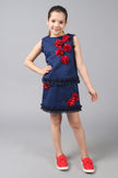 One Friday Kids Girls Navy Blue skirt with elasticated waistband & Embellished flowers - One Friday World