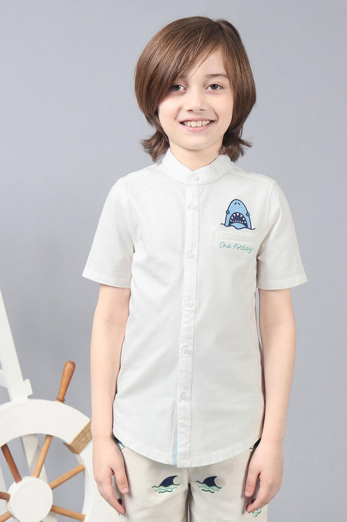 One Friday Kids Boys White Embroidered Chinese Collar Knit Short Sleeve Shirt - One Friday World