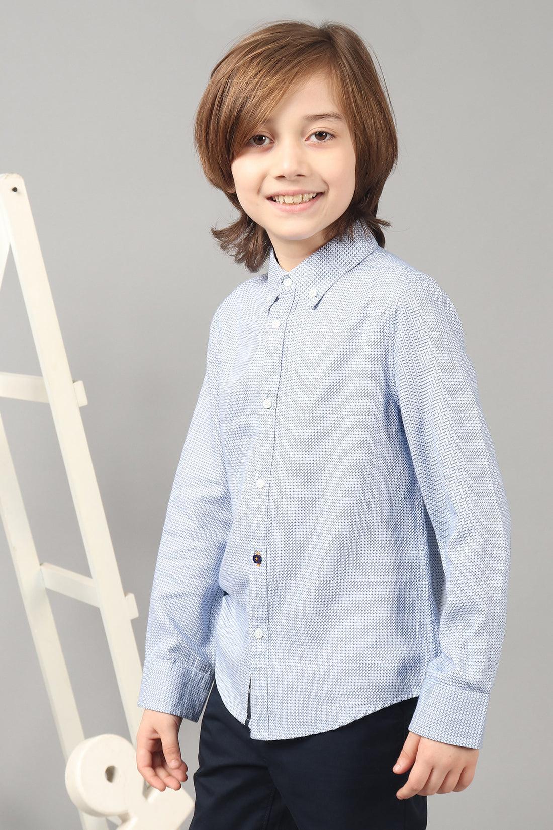 One Friday Kids Boys 100% Cotton Blue Micro Print Full Sleeves Shirt - One Friday World