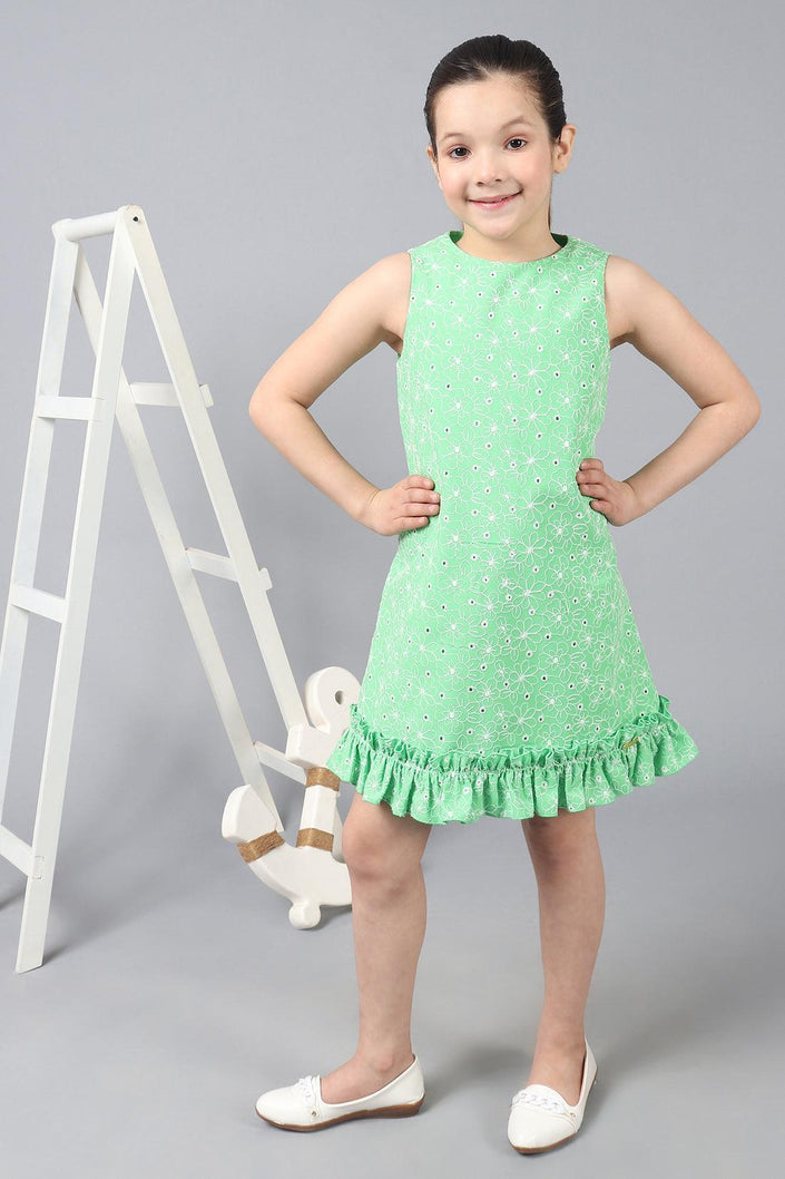 One Friday Kids Green Embroidered Round Neck Sleeveless Dress With Frills - One Friday World