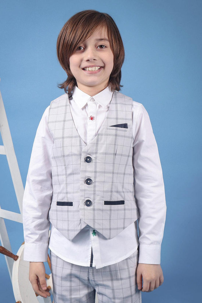 One Friday Kids Boys 100% Cotton Grey Check Waistcoat With Front Pockets - One Friday World