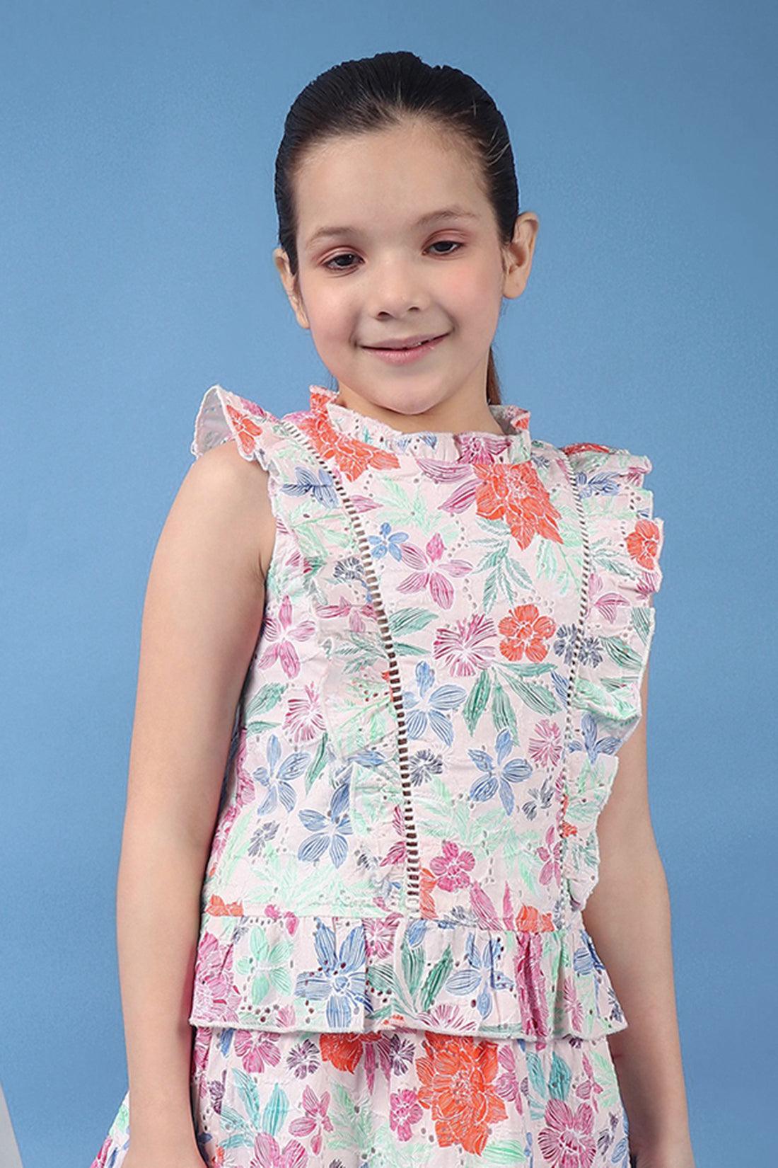 One Friday Kids Girls Beige Printed Lace Detailed Top With Frills and Neck Band - One Friday World