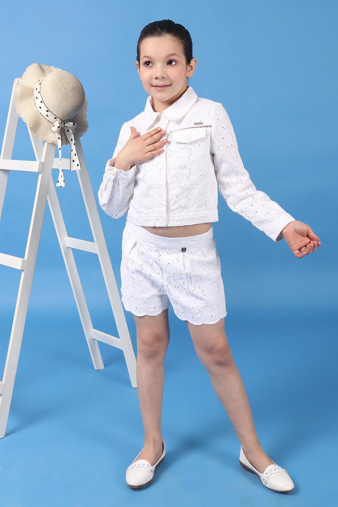 One Friday Kids Girls 100% cotton white schiffli shorts with bow and scalloped hemline - One Friday World