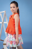 One Friday Kids Girls Orange 100% Cotton Round Neck Peplum Top - One Friday World