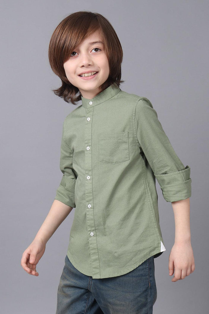 One Friday Kids Boys Green 100% Cotton Band Collar Full Sleeves Patch Pocket Shirt - One Friday World