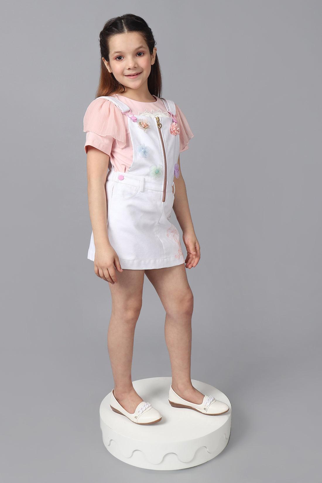 One Friday Girls White Flower Embellished Bambi Dungaree - One Friday World