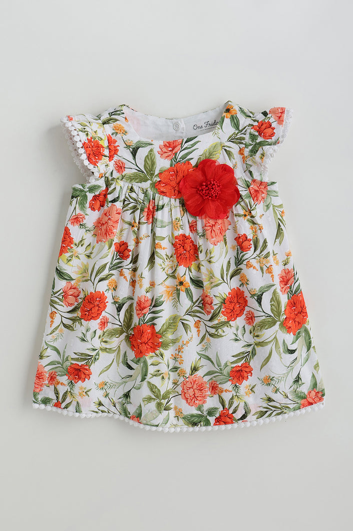 Kids Girls Floral A-Line Frill Sleeve Printed Dress by One Friday