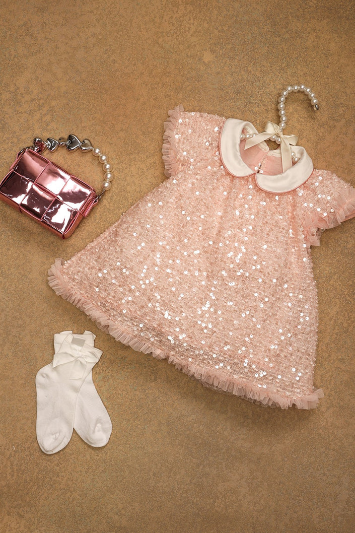 One Friday Baby Girls Peach Sequins Party Dress