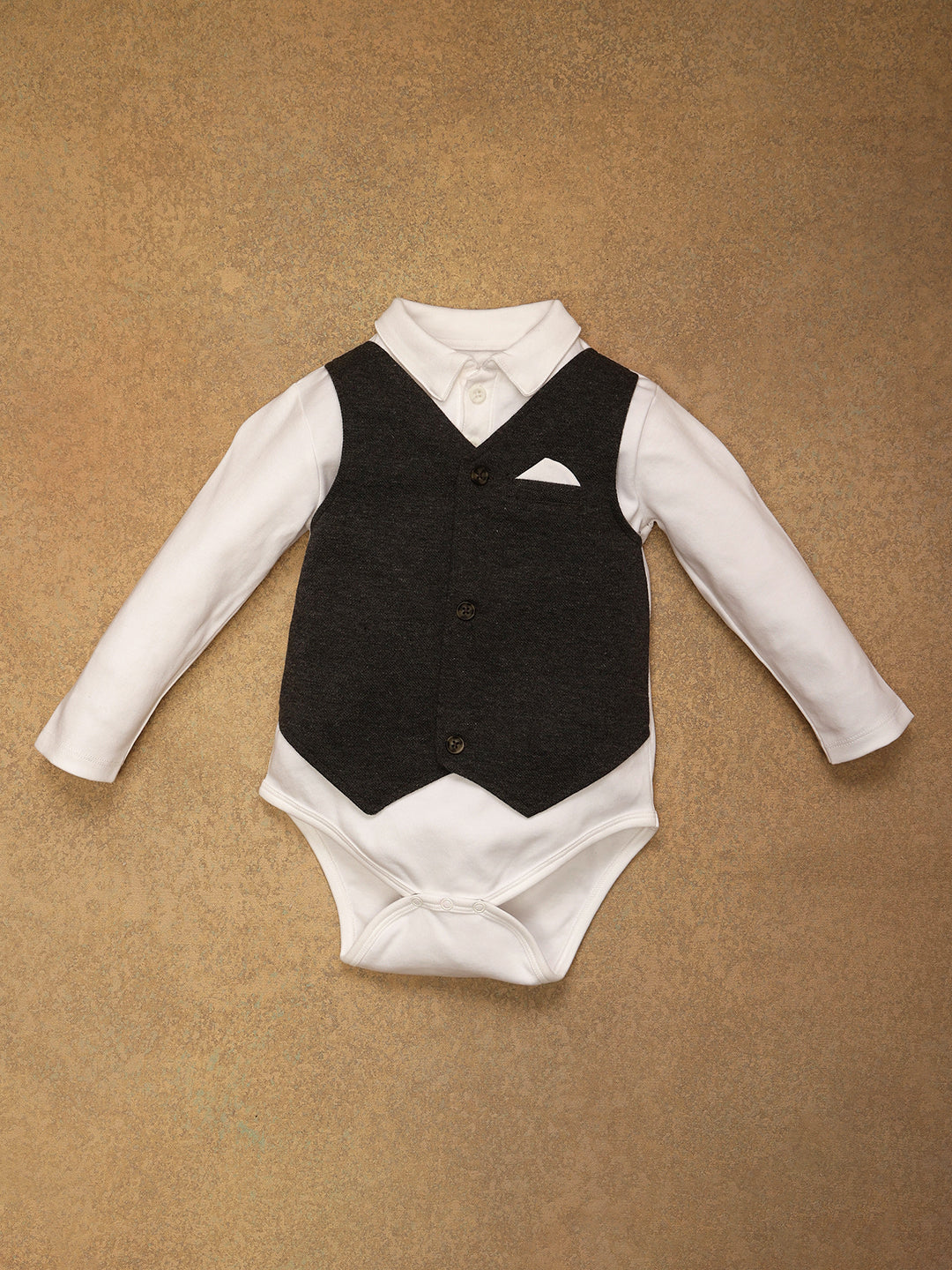 One Friday Baby Boys Navy Blue Solid BodySuit With Waistcoat