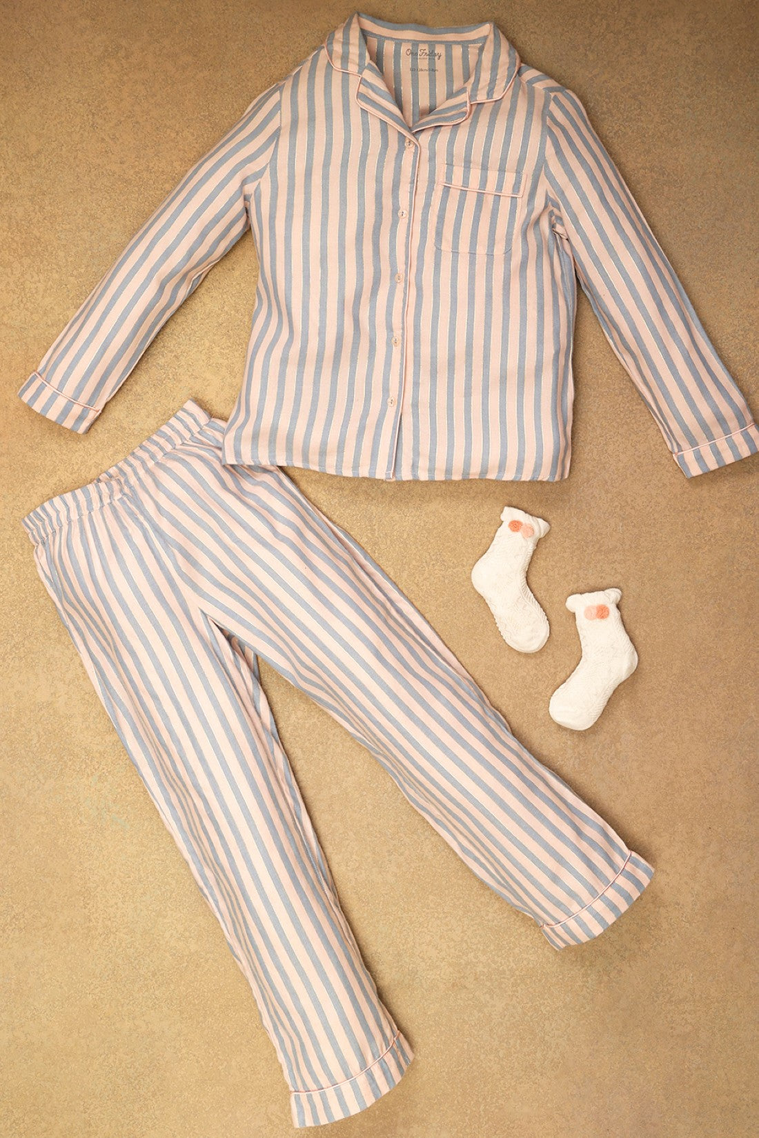 One Friday Kids Girls Pink & Grey Stripes Night Suit