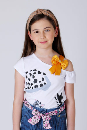 One Friday Kids Girls White Animal Printed Top with yellow Bow - One Friday World