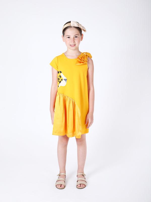 One Friday Kids Girls Yellow Animal Printed Dress With Bow - One Friday World