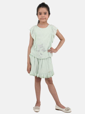 One Friday Kids Girls Mint Color Casual Butterfly Printed Top - One Friday World